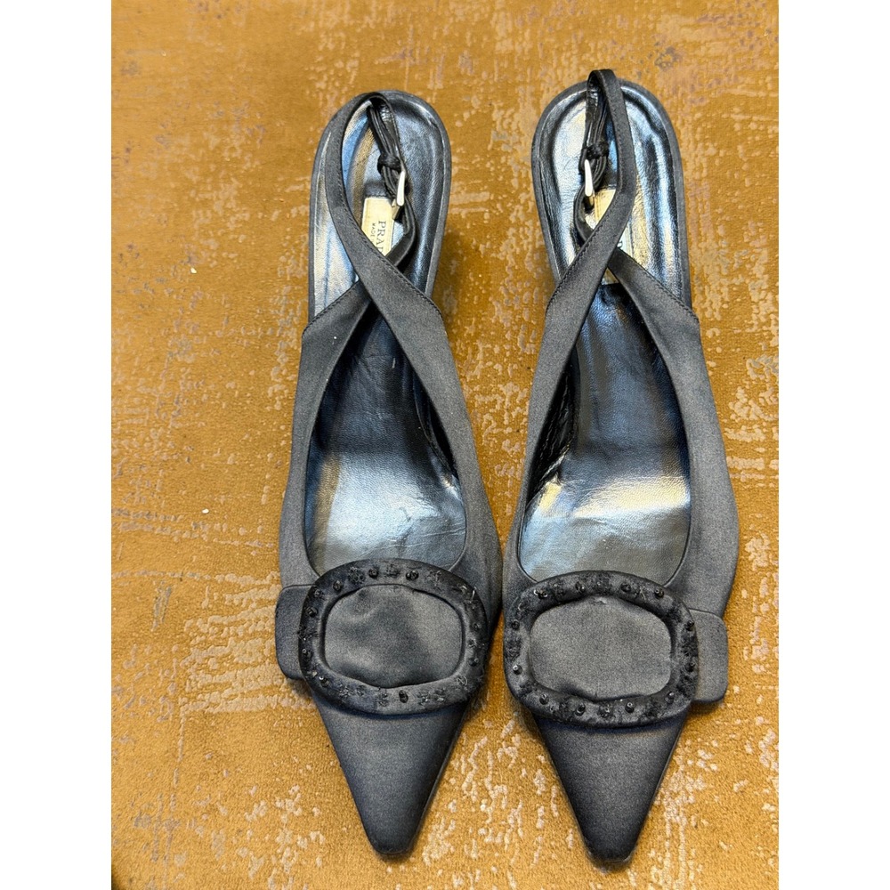 Prada Black Satin Slingback Pointed Toe Kitten Heels Beaded Buckle Size 39